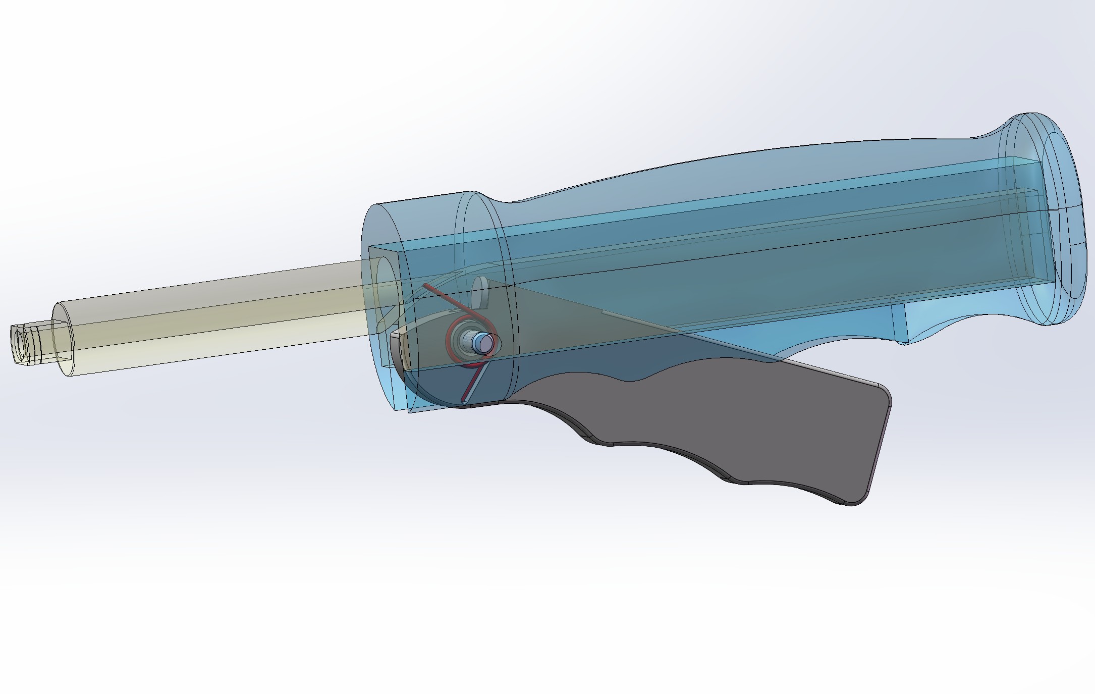 CAD rendering of Aeriax hydraulic control handle showing the spring-loaded trigger assembly highlighted in red